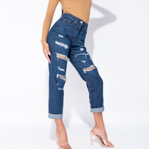 Blue High Waist Ripped Distressed Cuffed Boyfriend Jeans Denim Pants - Picture 12 of 13